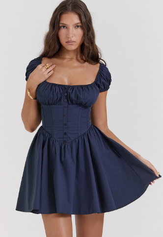 Marineblauwe Fit & Flare Mini-jurk met Corset en Kapmouwtjes